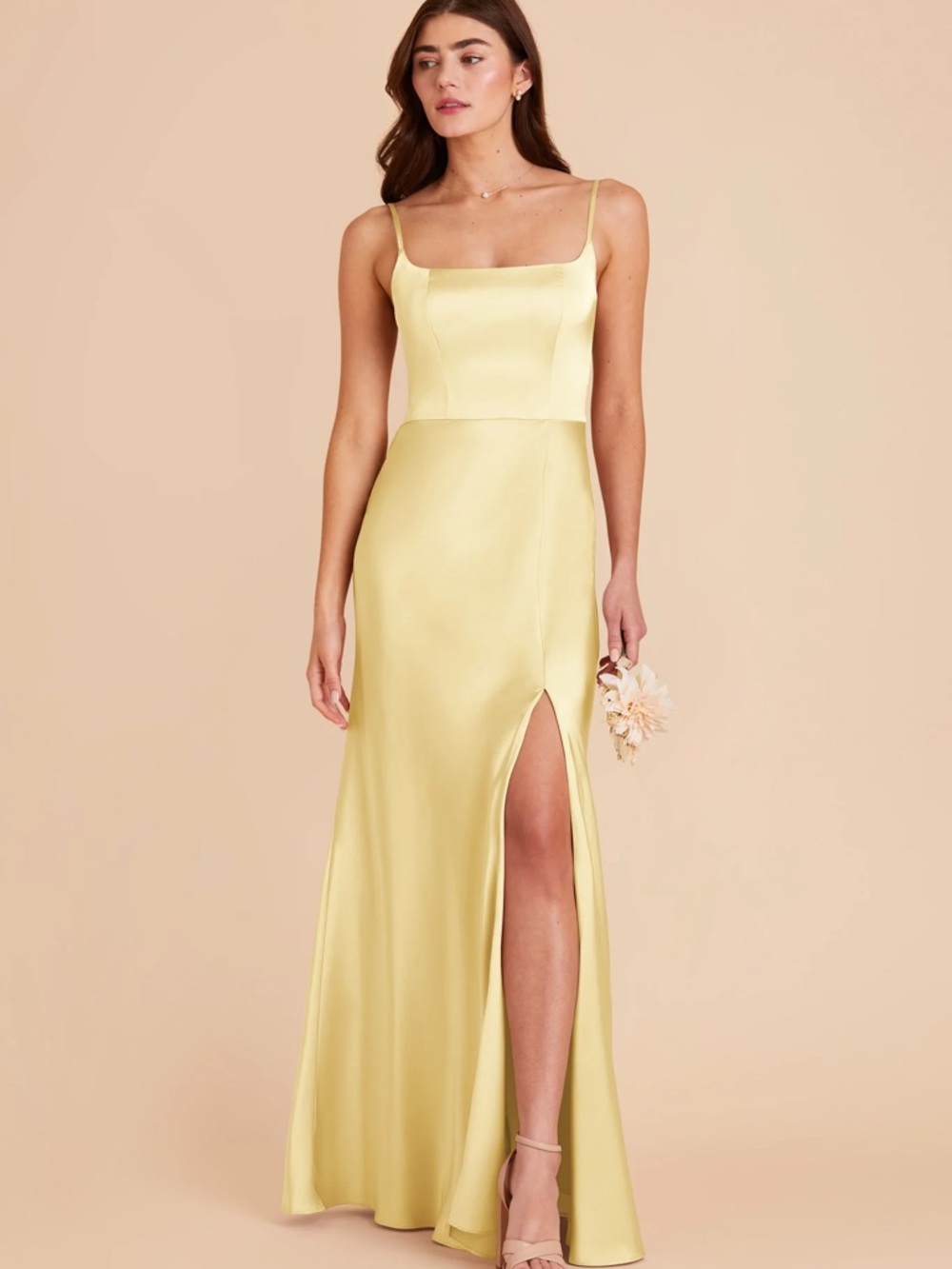 Birdy Grey Lemon Yellow Satin Maxi Dress with Thigh Slit